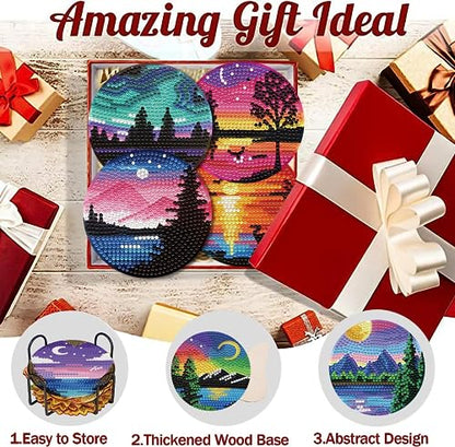 8 Pcs Diamond Art Coasters Kits with Holder, Landscape DIY Diamond Paintings Coaster Kits,Scenery Full Drill Rhinestone Painting Kits for Adults Beginners Art Craft Supplie for Tabletop Protection.
