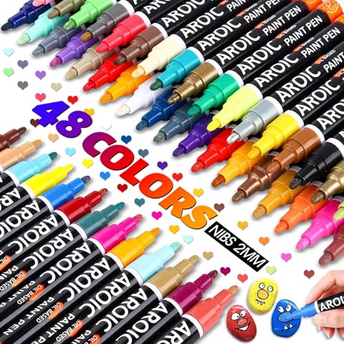 AROIC 48 Pack Oil-Based Paint Markers Medium Tip Rock Painting Pens | Low Odor for Wood, Metal, Plastic, Glass, Canvas, Ceramic Surfaces | 2026 Artist Professional Kit - color: 48pcs