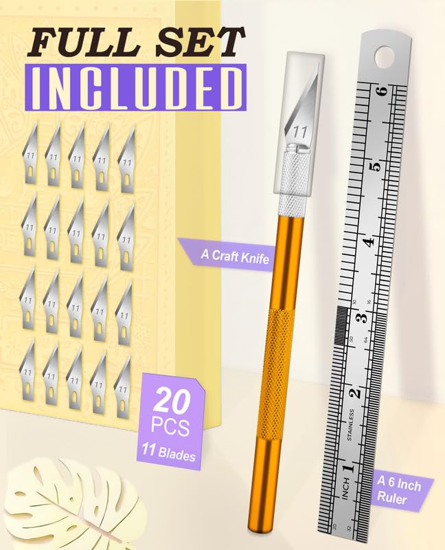 DIYSELF Hobby Knife Kit with 20#11 Blades, Aluminum Handle, 6-Inch Ruler | Hobby Knife Set with 20 #11 Blades, Ruler for DIY, Art & Model Making, Exacto Knife Kit for Crafters & Hobbyists, Gold - color: Gold-20