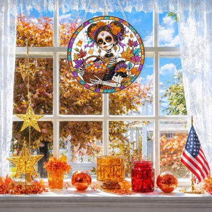 Eiflow Acrylic Diamond Art Hanging Kit for Adults Halloween Skull, DIY Diamonds Painting Door Hanger Board Kit, Special Crystal Diamond Art Painting Pendant Ornament - color: Skull Girl