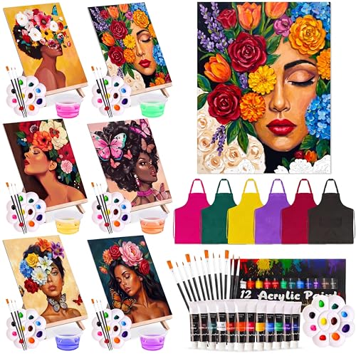 Cholemy 6 Set Paint and Sip Kit for Adults 8"x 10" Pre Drawn Canvas Painting with Wooden Easel Acrylic Paint Wash Cup Brushes Palette Apron for Painting DIY Adult's Date Party Supplies(Flower Lady) - style: Flower Lady