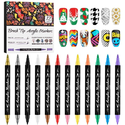 12 Colors Nail Art Pens Set, Kalolary Nail Art Markers 3D Nail Polish Pens | Quick-Drying Acrylic Paint Markers Double-headed Drawing Painting Liner Brush for DIY Nail Art Home & Salon Manicure Tools - color: M