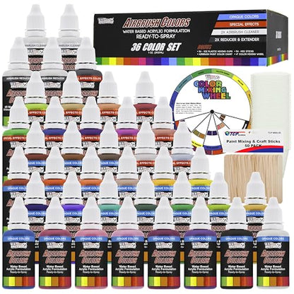U.S. Art Supply Airbrush Paint Set, 36 Color Deluxe Kit, 1-oz Bottles | Ready to Spray Air brush Paint, Water-Based Acrylic with Reducer & Cleaner for Painting Metal, Plastic Models, Canvas, Wood - color: 36-Color Deluxe Set