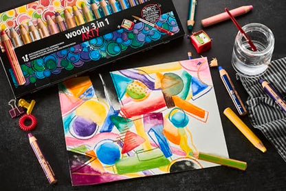 STABILO - woody 3-in-1 - Multi-Talented Pencil - ARTY - Pack of 18 - Assorted colors with Sharpener and Paint Brush