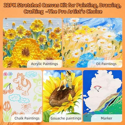 22-Pack Stretched Canvas 6 Sizes 6x6 to 16x20 Cotton for Oil & Acrylic | 10oz 100% cotton duck seed husk, triple acid-free gesso, reinforced pine frames for oil, acrylic & mixed media - size: 20x30, 30x40, 40x50, 20x20, 15x15, 24x30