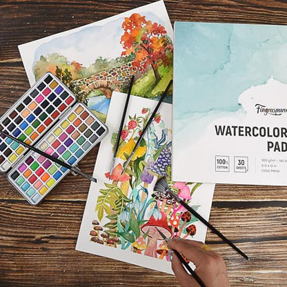 Fingraspuro 9x12 Watercolor Pad, 100% Cotton, Cold Press, 30 Sheets | 140 lb/300 gsm acid-free paper, glue bound, durable for wet media, scraping, and art journaling