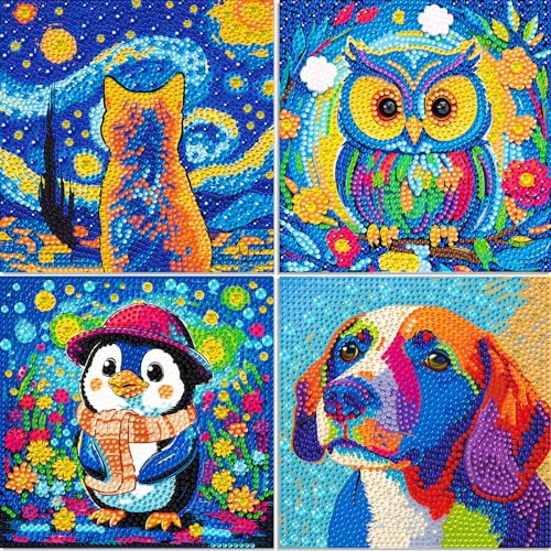 Libfx Diamond Art Kits for Kids 4 Pcs Diamond Art for Girls Boys Beginners Arts and Crafts for Kids(Dog Cat Penguin Owl) - color: Dog Cat Penguin Owl