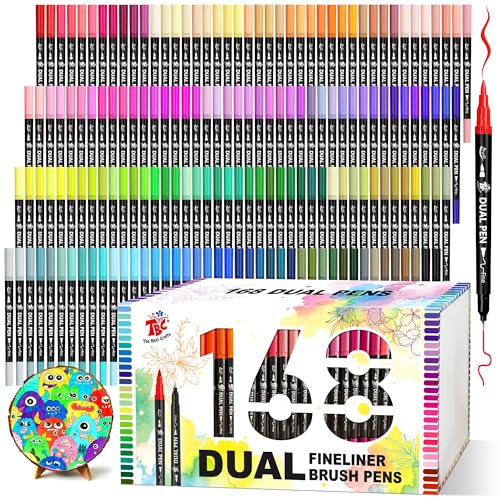 Brush Pens for Adult Coloring Books, 168 Colors Dual Tip Art Markers – Fine Tip for Outlining + Brush Tip for Coloring, Water-Based Non-Bleeding Markers for Journaling, Calligraphy, Hand Lettering - color: 168 Colors
