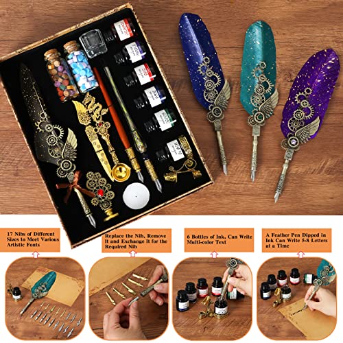 Aifeiter Quill Pen Feather Calligraphy Pen and Ink Set,Wax Seal Stamp Set,includes Quill Pen,Glass Dipping Pen,Wooden Dipping Pen,6 Bottles of Ink,8 Sheets of Writing Paper,Envelope-Green - color: Green
