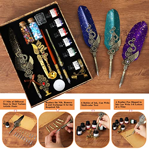Aifeiter Feather Pen Ink Set - 6 Bottles of Ink, Quill Pen, Glass & Wooden Dipping Pens, 8 Sheets of Writing Paper, Envelope, Wax Granules, Round Wax, Seal, Spoon, Pen Holder (Grey) - color: Grey
