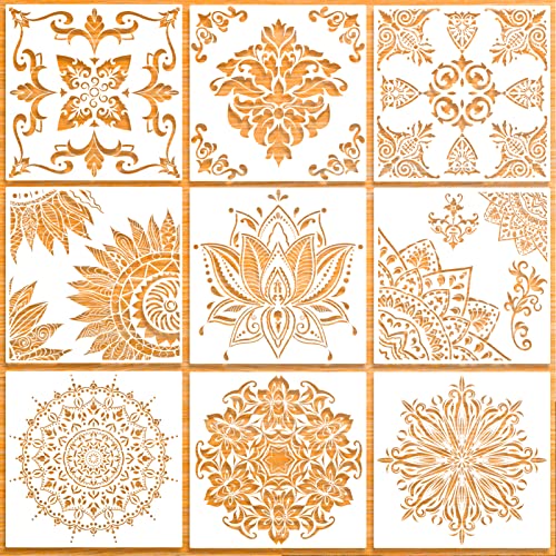 9 Pack (12x12Inch) Large Reusable Stencil Mandala Stencil Painting Template | Laser Cut Painting Template for Floor Wall Tile Fabric Furniture Stencils Painting