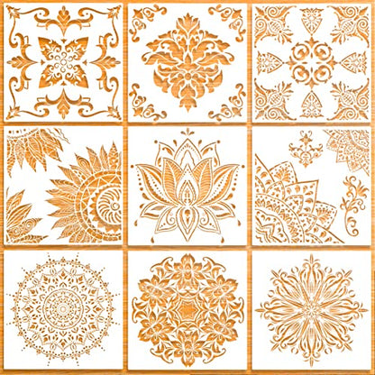 9 Pack (12x12Inch) Large Reusable Stencil Mandala Stencil Painting Template | Laser Cut Painting Template for Floor Wall Tile Fabric Furniture Stencils Painting