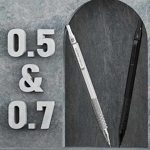 2PCS Metal Mechanical Pencil Set, 0.5mm+0.7mm, Storage Case, Black＆Silver | 360 Lead Refills, 3 Erasers, 9 Eraser Refills, Smooth Writing, Anti Grip, for Sketching, Technical Drawing, Art Projects - color: Silver+Black (2PCS)