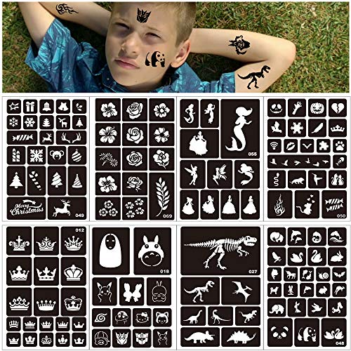 Konsait 262pcs Temporary Tattoos Stencils for Kids, Face and Body Paint Stencils Kit, Girl Boy Glitter Tattoos for Kids School Show Birthdays Halloween Christmas Party Favor Supplies