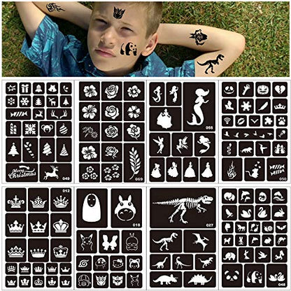 Konsait 262pcs Temporary Tattoos Stencils for Kids, Face and Body Paint Stencils Kit, Girl Boy Glitter Tattoos for Kids School Show Birthdays Halloween Christmas Party Favor Supplies
