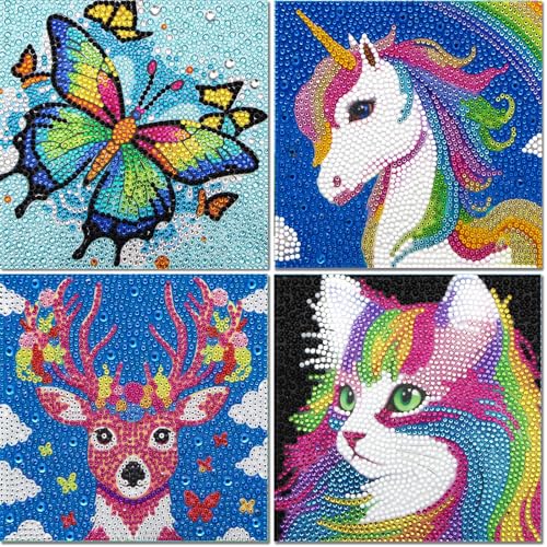 Libfx Diamond Art Kits for Kids 4 PCS Diamond Art for Girls Boys Beginners Arts and Crafts for Kids(Cat Butterfly Unicorn Deer) - color: Cat Butterfly Unicorn Deer