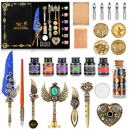 NC Quill & Feather Calligraphy Pen Set, Wax Seal Stamp - Valentine's & Birthday Gift, Ideal for Various Holidays (Blue) - color: Blue