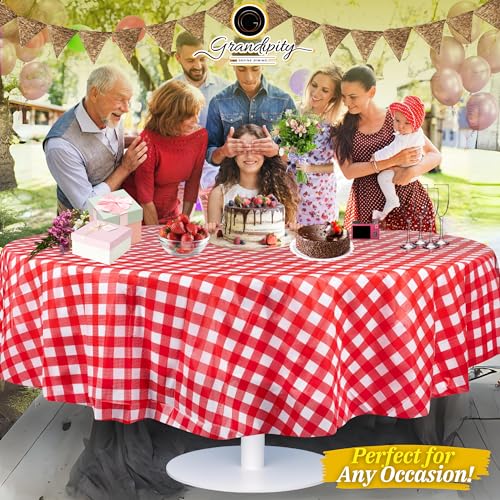 Grandipity Plastic Table Cloth Disposable 12 Pack 84" Round Red Gingham | Plastic table covers, durable disposable tablecloths, fade and tear-resistent table cover for party, event - color: Red Gingham Checkered, size: 84in. Round
