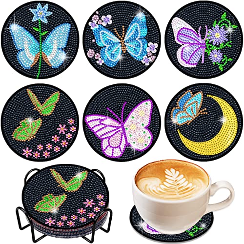 Vcekract 6 Pcs Butterfly Diamond Art Coasters Kit for Adults | Diamond Painting Coasters with Holder & Protective Backing, Diamond Art Adult Crafts for Table Home Decoration - color: Butterfly Coasters