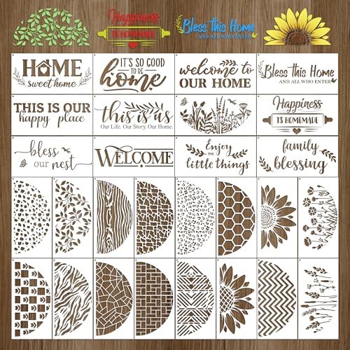 Keluna Welcome Home Stencils for Painting - 28 Pcs Reusable Welcome Letter Stencils for Crafts, Half Round Texture Template, Flower Paint Stencil for Painting on Wood Sign Wall Decor - style: half round stencil