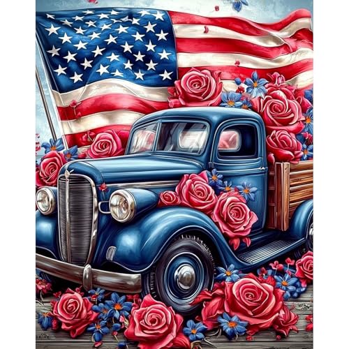 RICUVED Truck Paint by Numbers for Adults, Independence Day Paint by Numbers Kit for Adults Beginners, Flowers DIY Acrylic Flag Oil Painting on Canvas Easy for Gift Home Wall Decor 16x20 Inch - color: SO013