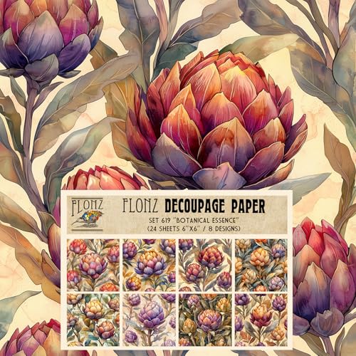 Decoupage Paper Pack (24 Sheets 6"x6") Botanical Essence: Lush Protea and Artichoke Blooms in Soft Earthy Tones and Rich Hues, Highlighting Botanical Beauty and Natural Elegance # FLONZ Vintage Craft - color: Fiftyone