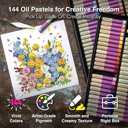 COLOUR BLOCK 144 Colors Oil Pastels Art Set, Premiun Ultra-Soft Creamy Pastel for Drawing, Blending, Shading for Professional Artists, Beginners, Hobbyists, Portable Rigid Box for Gifting - size: 144 Count (Pack of 1)