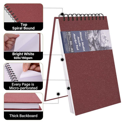 5.8" x 8.3" Mixed Media Sketch Book,Spiral Bound Hardcover Sketchbook,60 Sheets 92lb/150gsm Neutral White Acid Free Paper,Art Journal Sketchbook for Drawing Writing Sketching Illustration,Wine Red - color: Bright White-Wine Red