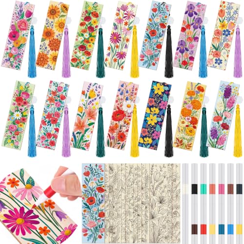 Reallnaive 42 Pcs Wooden Flower Bookmarks DIY Painting Set Includes 15 Unfinished Blank Bookmarks 15 Tassels 12 Markers for Flower Gift Arts Craft Party for Adults Hobby - style: Flower