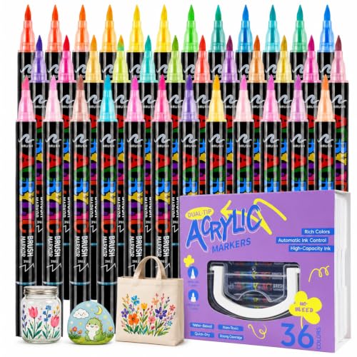 36 Colors Dual Tip Acrylic Paint Pens Set with Soft Brush Tip | Quick-Drying Acrylic Paint Markers for Rock Painting, Wood, Glass, Ceramic, Fabric, Water-Based Acrylic Pens for Adult - color: 36 Colors