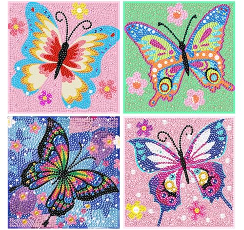 Butterfly Diamond Art Painting Kit for Kids, Diamond Art Kits for Beginners | 4 PCS Butterflies Gem Rhinestone 5D Full Drill DIY Gem Painting Crafts for Girls Boys Ages 8-12 for Home Wall Decor 6x6 inch - color: 4WDXZ-004