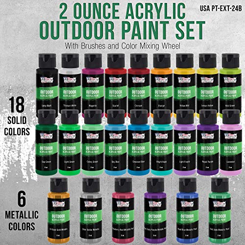 U.S. Art Supply Professional 24 Color Outdoor Acrylic Paint Set, 2oz Bottles, with 7 Brush Kit - Vivid Colors for Painting Canvas, Rocks, Wood Crafts, Toys