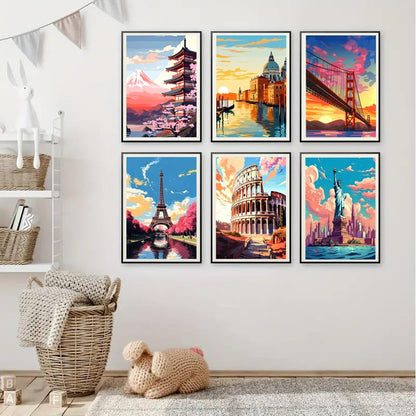 6 Pack Framed Paint by Numbers Kit for Adults Beginners with Wooden Easel,Scenery-Cityscape Easy Adults' Paint-by-Number Kits with Frame,DIY Number Painting Adults for Decor Present 8x12 inch