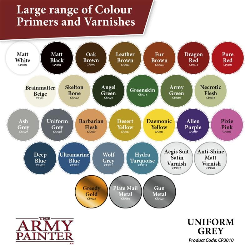 The Army Painter, Colour Primer Uniform Grey, 400 ml acrylic spray | Spray Paint Basecoat for Miniature Model Undercoat Priming, Plastic Wargames, DnD & Warhammer - color: Uniform Grey