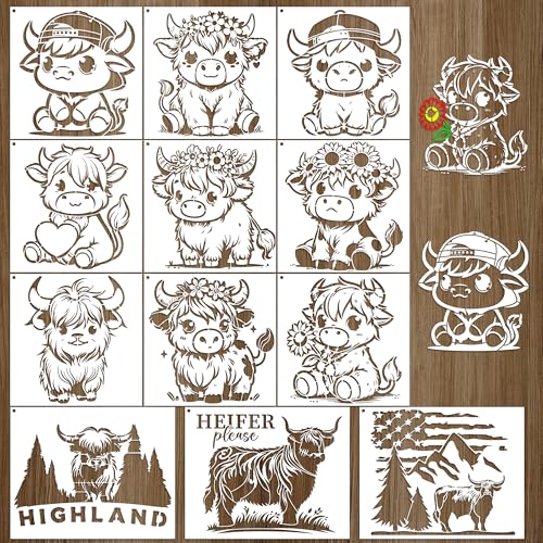 Keluna 12 Pcs Reusable Cow Farmhouse Stencils for Painting - Large Flower Cow Paint Stencils, Animal Template for Crafts on Wood Canvas Furniture - style: cow with flag