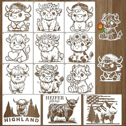 Keluna 12 Pcs Reusable Cow Farmhouse Stencils for Painting - Large Flower Cow Paint Stencils, Animal Template for Crafts on Wood Canvas Furniture - style: cow with flag