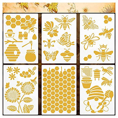 Bee Theme Stencils 6PCS - Reusable Honeycomb & Sunflower Painting Templates for DIY Wall Art, Furniture Painting, Floor Decor | PET Craft Stencils for Home Projects (11.7x8 Inch) - style: Bee