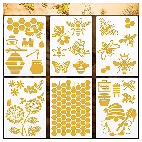 Bee Theme Stencils 6PCS - Reusable Honeycomb & Sunflower Painting Templates for DIY Wall Art, Furniture Painting, Floor Decor | PET Craft Stencils for Home Projects (11.7x8 Inch) - style: Bee