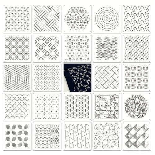 25 Pcs Sashiko Stencil Kit 4.7 X 4.7 Inch Plastic Geometric Sashiko Pattern Template for Drawing Line Embroidery Pattern for DIY Sewing Hand Quilting and Embroidery - size: 25PCS 4.7 X 4.7 Inch