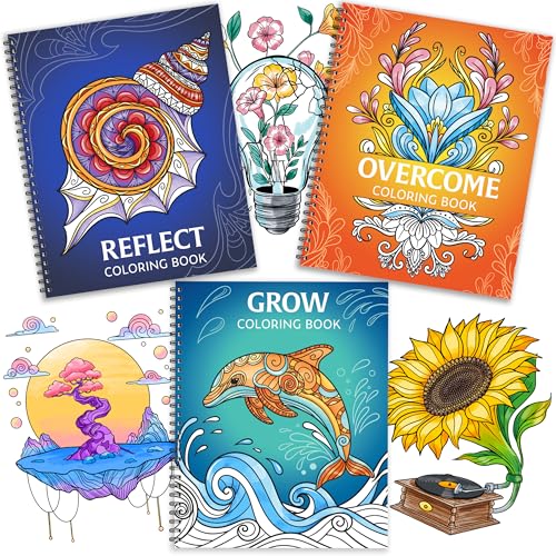Coloring Books for Adults Relaxation, Set of 3 for Women, Stress Relief | Adult Coloring Book Set of 3 for Women, 63 Mindfulness & Self-Care Designs with Inspiring Quotes, Spiral Stress Relief Gift - color: Relaxation Bundle - Reflect, Overcome & Grow