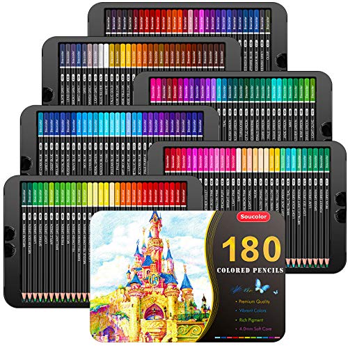 Soucolor 180 Colored Pencils Soft Core Color Pencil Set for Adult Coloring - color: 180 Colors with Tin Box