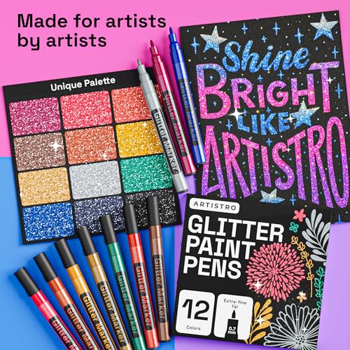 ARTISTRO 12 Glitter Paint Pens for Glass Marking - Extra-Fine Tip | Acrylic Paint Markers for Poster, Rock Painting, Ceramic, Wood, Fabric, Scrapbooking, DIY, Craft, Card Making, Coloring - color: Glitter