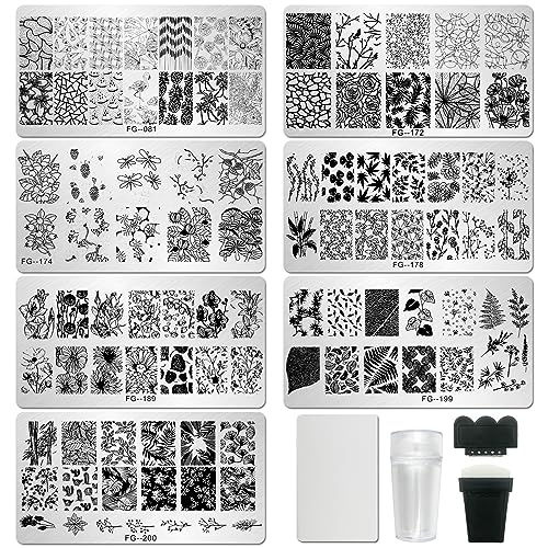 AddFavor Nail Stamper Kit - 7pcs Flower Leaves Stamping Plate with Silicone Stamper and Scraper, Animal Image Nail Stencils, Design Supplies - color: Style A