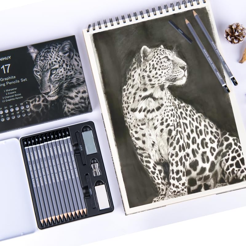 HNIHUY Sketch Drawing Pencils Set, 17 Pcs, Graphite Pencils (8B-4H) | Sketch Pencils for Drawing Art, Erasers and Sharpener, Art Drawing Pencil for Artists Beginner Sketching