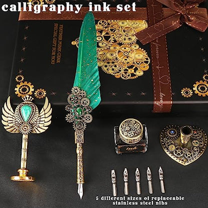 Aifeiter Quill Pen Ink Set, Feather Calligraphy Pen, Wax Seal Stamp, Beautiful Gift Calligraphy Set, Christmas Gifts - Green - color: White