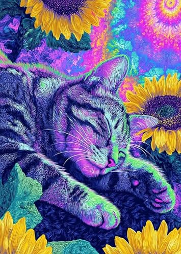 DDGEMART 5D Diamond Painting Kit for Adults, Full Drill Dreamy Colorful Cat and Sunflower Psychedelic Animal Art for Beginners, Home Decor, 12x16 inch - color: Psychedelic Cat