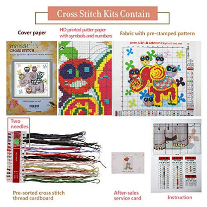 Printed Cross Stitch Kits 11CT 15X15inch DIY Embroidery Starter Kits Easy Patterns Embroidery for Girls Crafts DMC Stamped Cross-Stitch Supplies Needlework Elephant and Owls - color: Stamped 11.5×11.5 inch