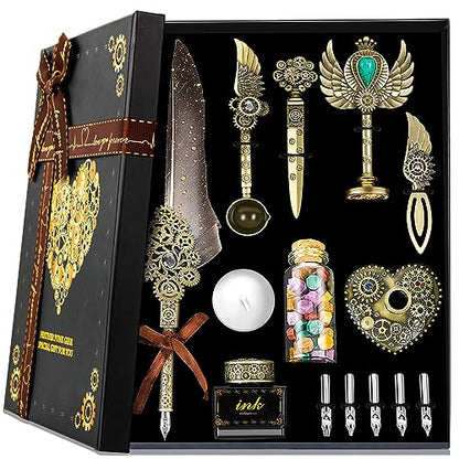 Feather Quill Calligraphy Pen Set With Ink and Wax Seal Stamp - Beautiful Gift Set for Christmas - Grey - color: Grey