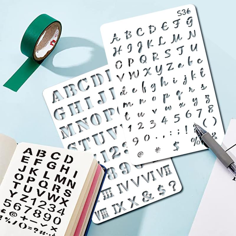 Letter & Number Stencils with Transparent Storage Box, 36 PCS Reusable Journal Stencils for Painting & Journaling, 4 x 7 in Alphabet Template for DIY Art, Holiday Cards, Drawing, Spray, Graffiti - style: Journal-36pc