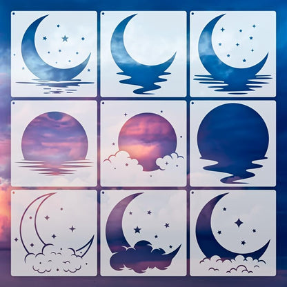 Moon and Stars Stencil Templates, 9-Piece Set, 6.3 x 6.3 Inch, for DIY Art, Painting, Scrapbooking - color: 9 Moon